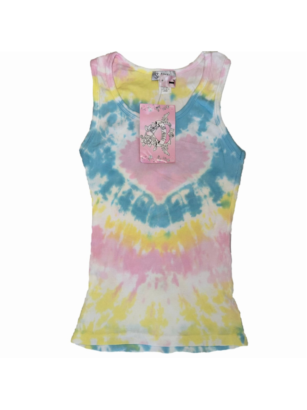 NOS Vintage Y2K Women's Large So Nikki Tie Dye Tank Top Blue/Pink/White Heart